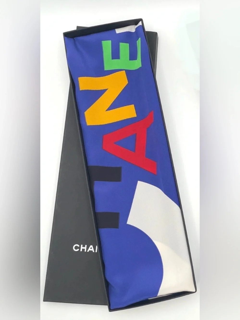CHANEL Multicolor Letter Print Blue 100% Silk Scarf